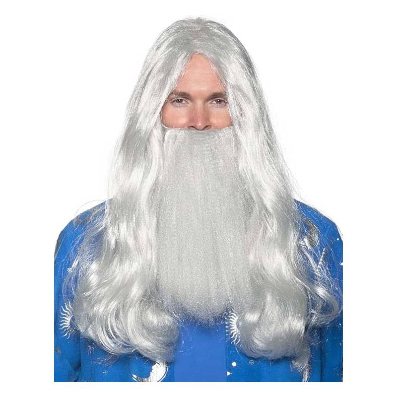 Adult wearing a Wizard Wig & Beard Set with long flowing gray hair and a full matching costume beard.