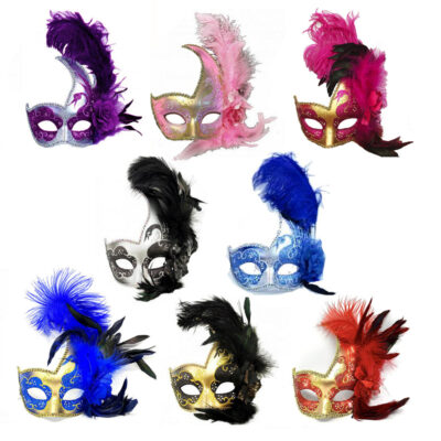 Costume Glittered Venetian Half Mask w Side Feathers