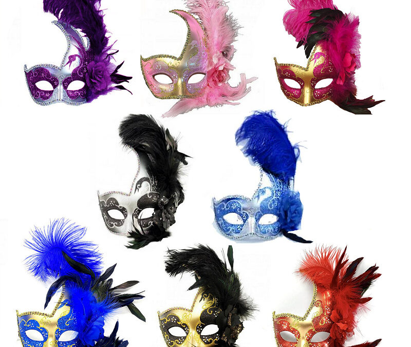 Costume Glittered Venetian Half Mask w Side Feathers