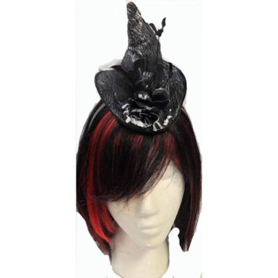 Shiny Fabric Witch Hat Headband w Flower & Bats