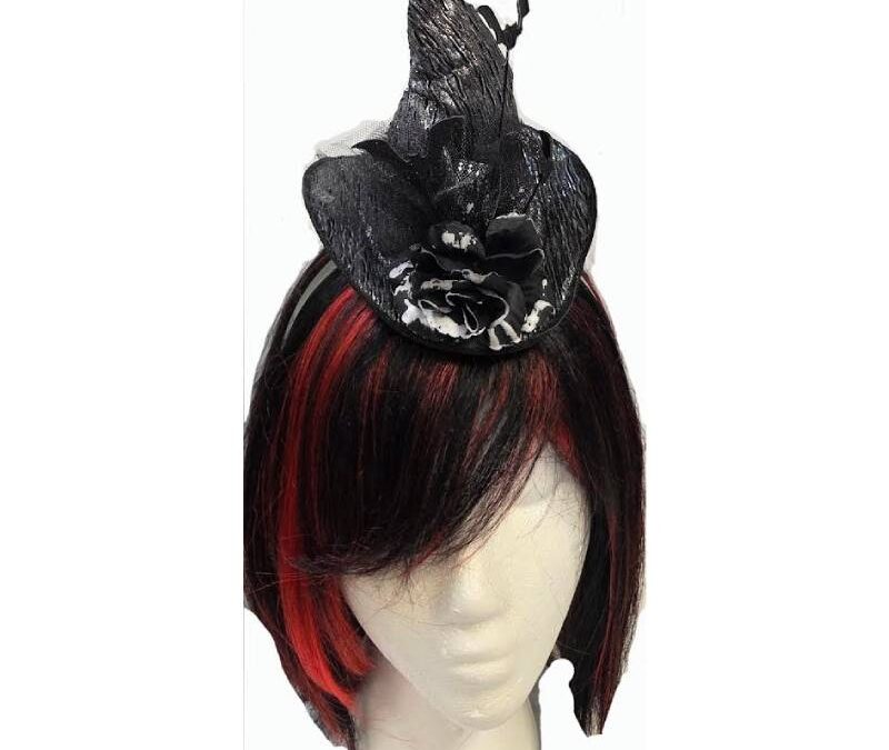 Shiny Fabric Witch Hat Headband w Flower & Bats