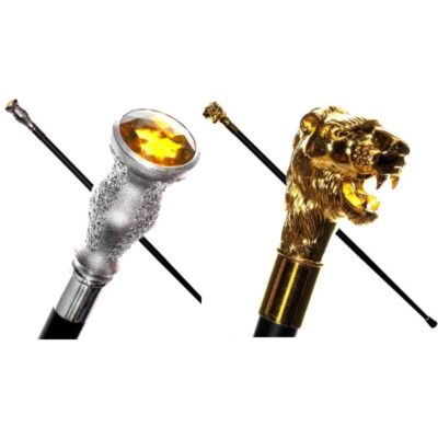 Gentleman's Deluxe Metal Walking Cane Available with Gold Lion Head or Silver Jewel Top