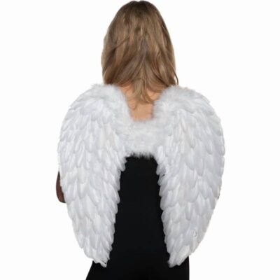 White Downswept Angel Wings Costume Accessory Measuring 21 Inches Wide by 24 Inches Long