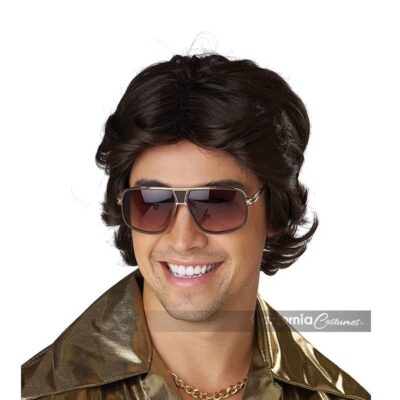 70’s Men’s Feathered and Flashy Wig Dark Brown Retro Disco Costume