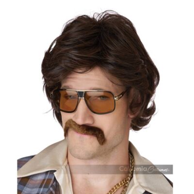 70s Disco Daddy Wig and Mustache Set Brown Retro Costume Accessory