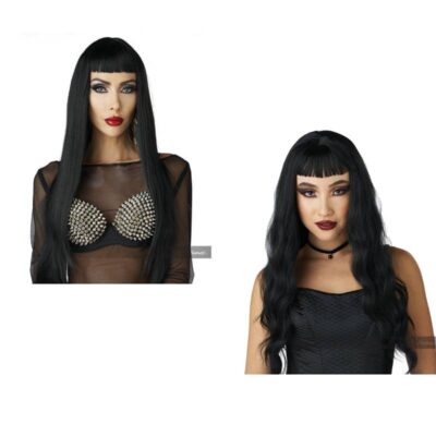 Black Gothic Wig with Micro Bangs Straight and Wavy Long Costume Wig