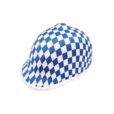 blue and white fabric horse jockey hat