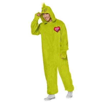 Licensed Dr. Seuss The Grinch Adult Onesie Costume with Fingerless Gloves