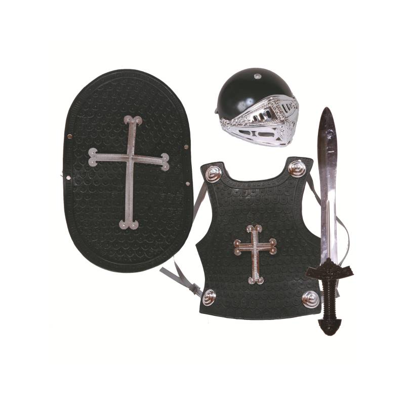 Child's deluxe 4-piece plastic knight armor set with helmet, chest armor, shield, and sword for medieval costumes.