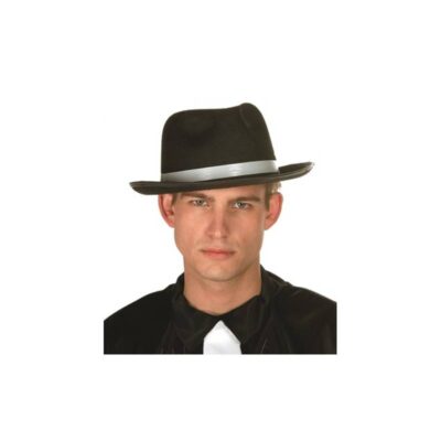 Black felt fedora costume hat with white band for gangster, detective, and vintage-themed costumes