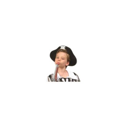 Child wearing a black felt pirate hat with a white skull and crossbones for pirate costumes and Halloween.