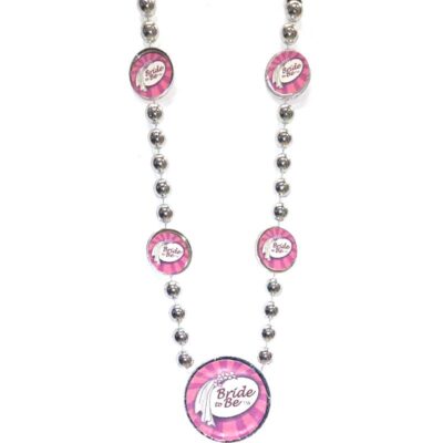 Silver party bead necklace featuring multiple pink "Bride to Be" medallions for bachelorette parties and bridal showers.