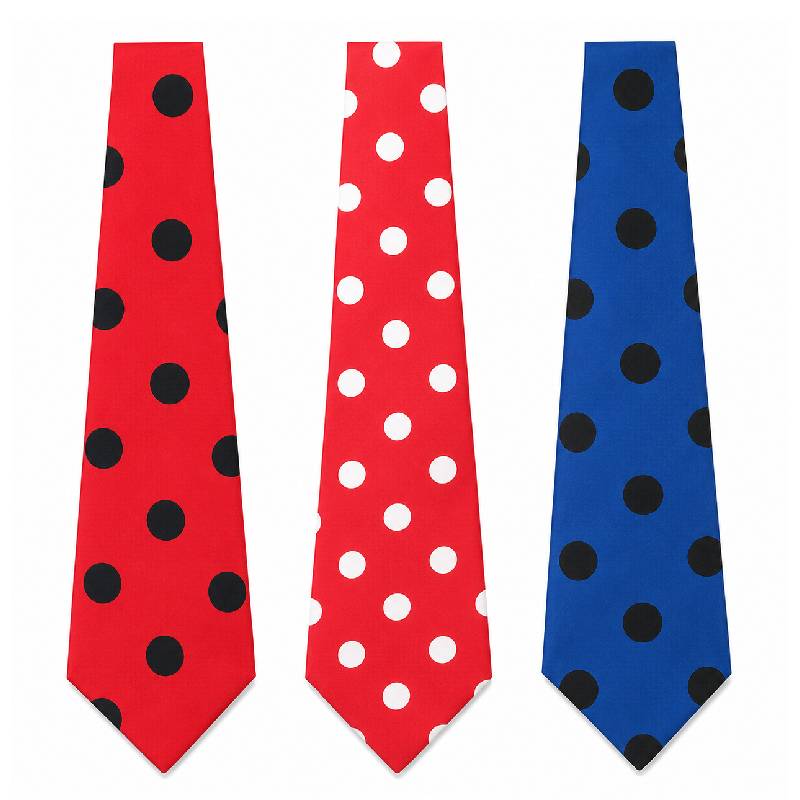 Three 25-inch fabric polka dot clown ties in red with black dots, red with white dots, and blue with black dots for clown costumes.