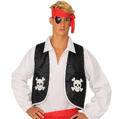 Adult black fabric pirate vest with white trim and skull and crossbones emblems for pirate costumes and Halloween.