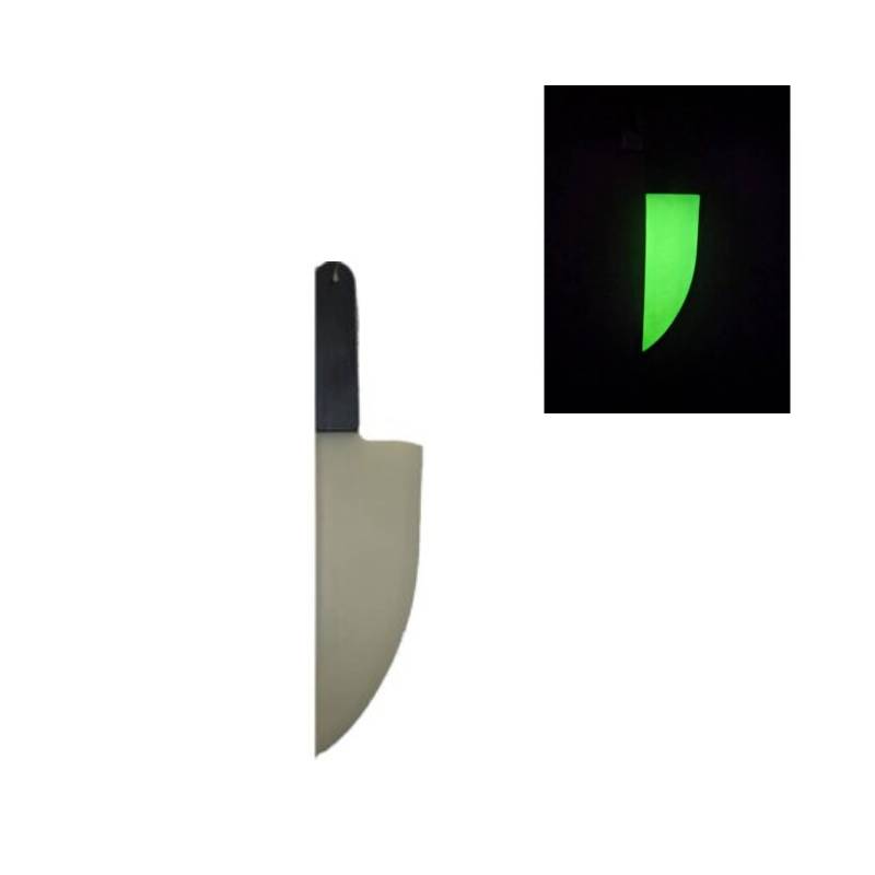 19-inch glow-in-the-dark plastic costume knife with a wide glowing blade and black handle for Halloween costumes and haunted houses.