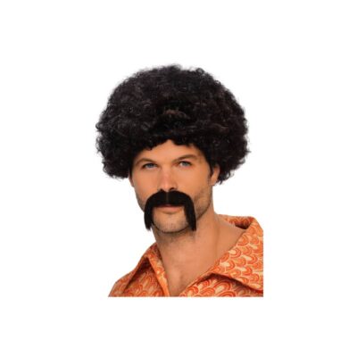 Adult black curly afro wig with matching oversized black mustache for 1970s disco costumes and Halloween.