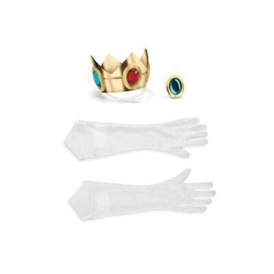 Super Mario Princess Peach Accessories Kit with a gold crown featuring colorful jewels, blue jewel accessory, and long white gloves.