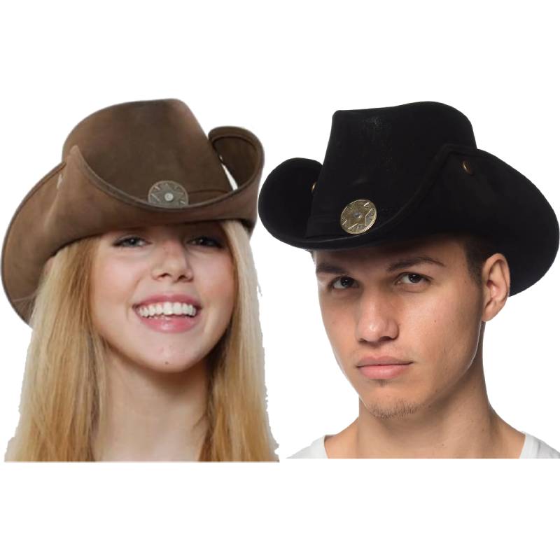 Leather-Like Western Hats in brown and black with curved brims, side snaps, coordinating hatbands, and decorative medallions.