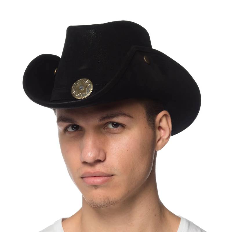 Black Leather-Like Western Hat with curved brims, side snaps, coordinating hatbands, and decorative medallions.
