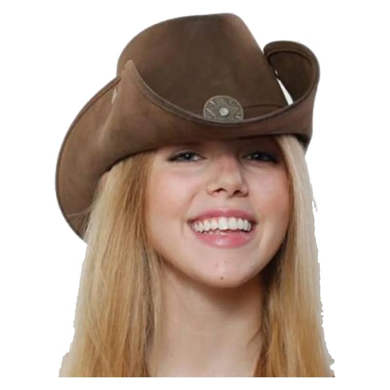 Brown Leather-Like Western Hat with curved brims, side snaps, coordinating hatbands, and decorative medallions.