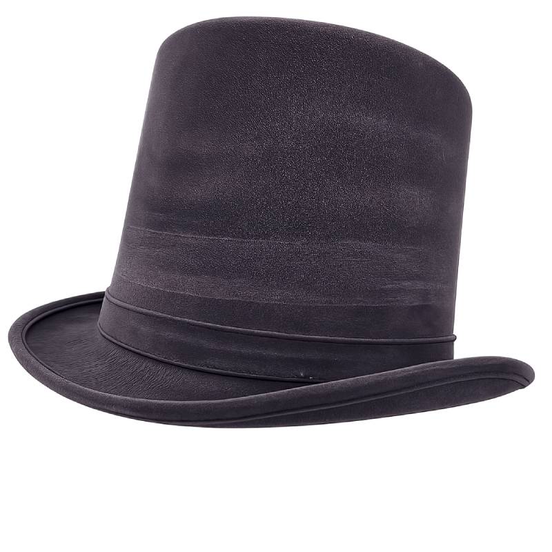 Leather-Like Top Hat with a tall cylindrical crown, matching hatband, curved brim, and brown or dark gray color options.