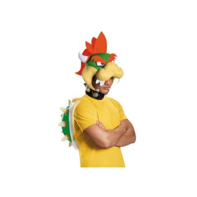 Adult wearing the Official Super Mario Bowser Accessory Kit with a plush horned character headpiece and inflatable green spiked shell.