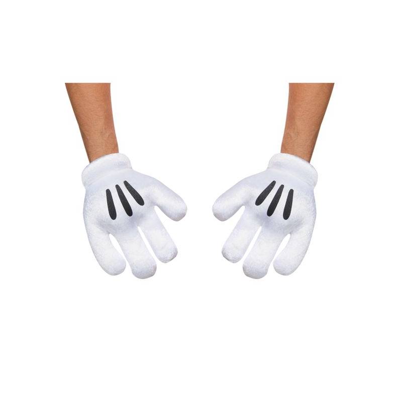 Disney Mickey Mouse Costume Gloves with oversized white rounded fingers, plush cuffs, and three black lines on the back of each hand.