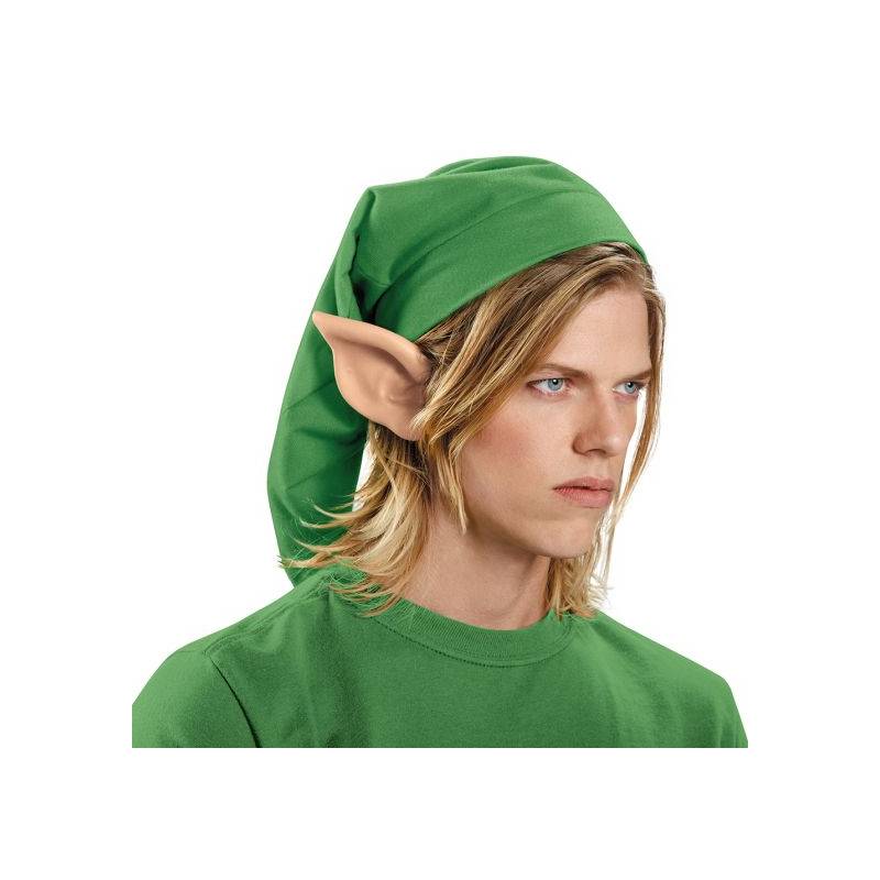 Child and adult wearing The Legend of Zelda Link rubber pointed ears with long flesh-tone tips and green fantasy hats.