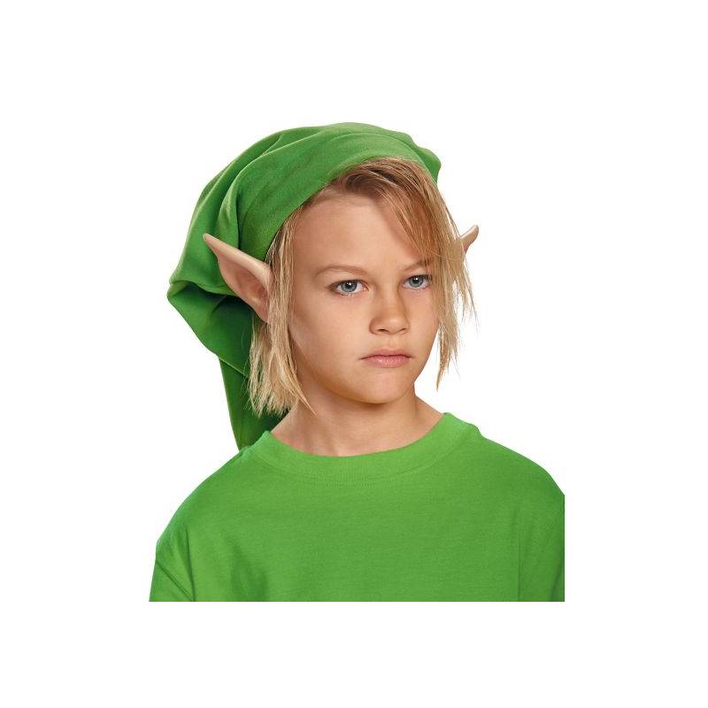 Child and adult wearing The Legend of Zelda Link rubber pointed ears with long flesh-tone tips and green fantasy hats.
