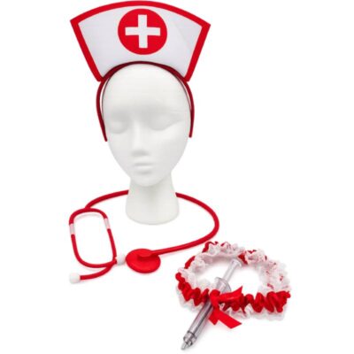 Nurse Accessories Kit with a white and red nurse cap, red costume stethoscope, ruffled garter, and novelty syringe-shaped pen.