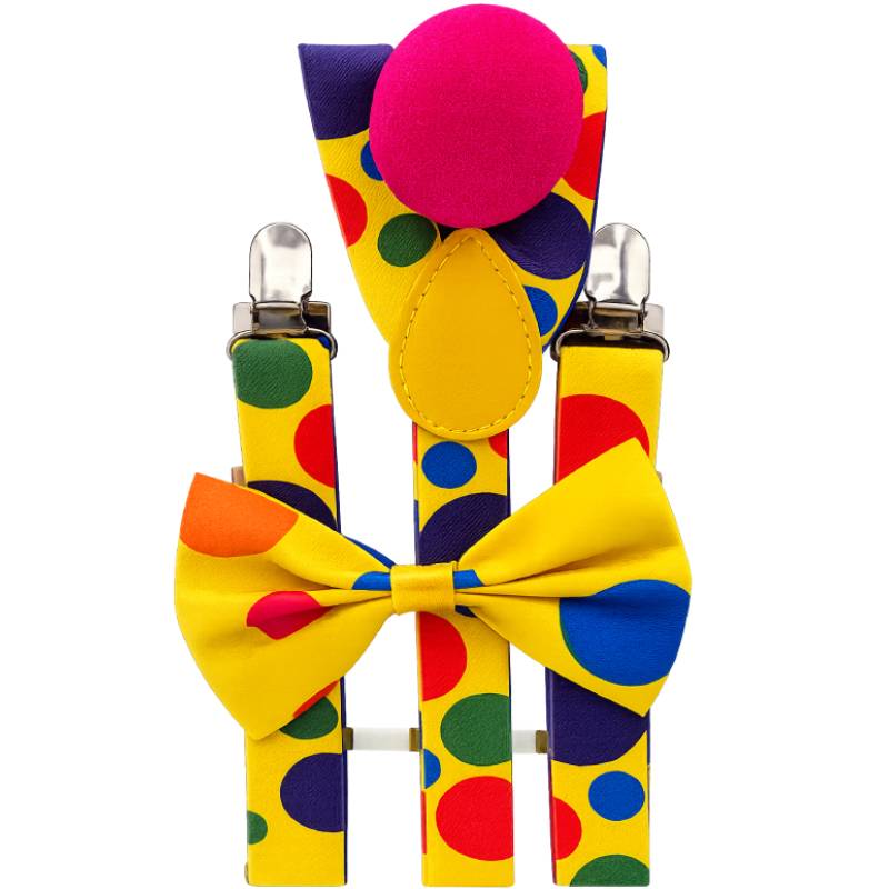 Adult Polka Dot Clown Dress-Up Kit with yellow multicolor suspenders, matching bow tie, and a bright pink clown nose.