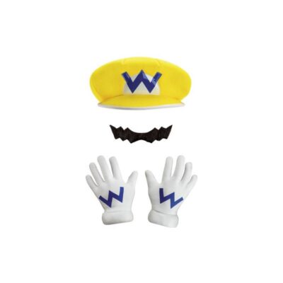 Super Mario Wario Accessory Kit with a yellow cap featuring a blue W emblem, black zigzag mustache, and white gloves with blue graphics.
