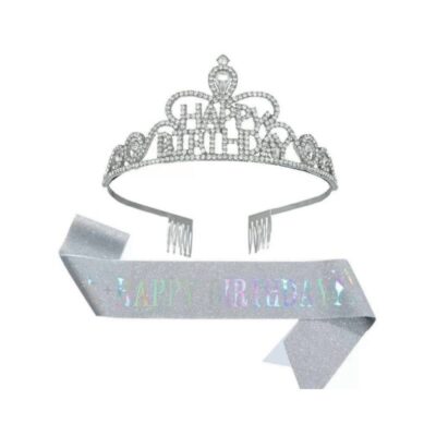 Happy Birthday Deluxe Crown & Sash Set featuring a silver rhinestone tiara and matching glitter sash with holographic lettering.