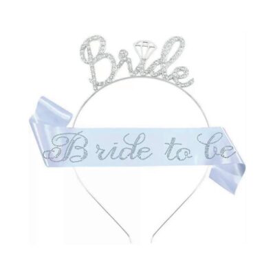 Bride To Be Deluxe Crown & Sash Set featuring a sparkling silver “Bride” tiara with diamond-ring detail and a white sash with silver lettering.