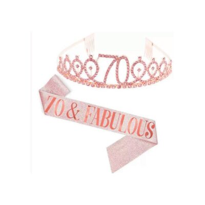 70 & Fabulous Deluxe Crown & Sash Set featuring a rose gold-tone jeweled 70 tiara and matching glitter birthday sash.