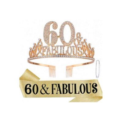 60 & Fabulous Deluxe Crown & Sash Set featuring a gold-tone rhinestone tiara, gold birthday sash with black lettering, and securing pin.