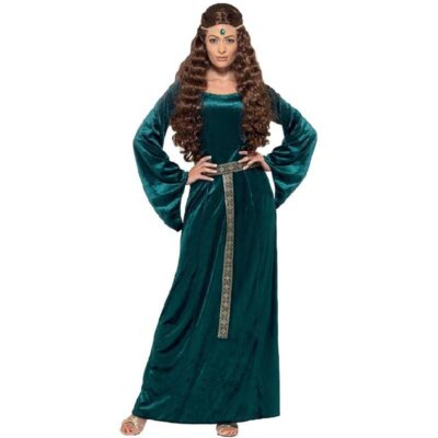 📸 Image Alt Text Adult Medieval Maiden Costume featuring an emerald green Renaissance-style gown with flowing sleeves, decorative belt, and jeweled headpiece.