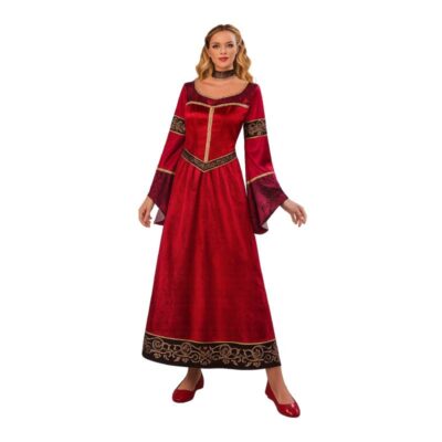 Adult Medieval Lady Costume featuring a burgundy velvet-look Renaissance gown with ornate gold trim, flowing bell sleeves, and matching decorative choker.