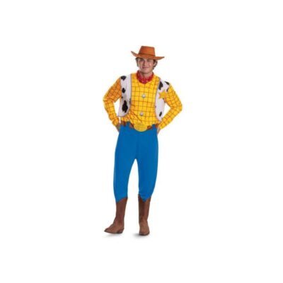 Adult wearing the official Disney Pixar Toy Story™ Woody Classic Costume featuring a printed cowboy jumpsuit with sheriff badge, cow-print vest, blue pants, and matching brown cowboy hat for Halloween, cosplay, costume parties, and Disney-themed events.