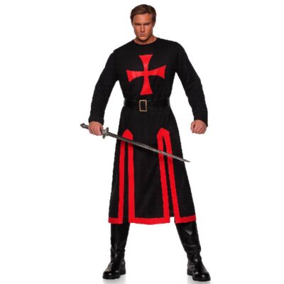 Adult medieval knight costume with black tunic, bold red crusader cross, matching belt, and classic Renaissance warrior styling.