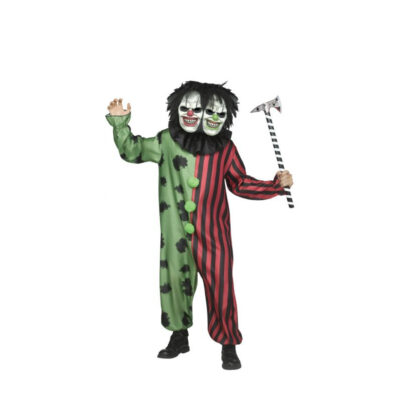 Two-Headed Clown Costume with a split red and green jumpsuit, creepy dual clown mask, black hair, green pom-poms, and black ruffled collar.