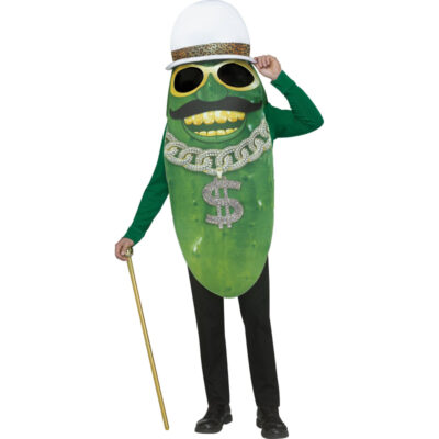 Adult wearing a Party Pickle Costume with sunglasses, a mustache, gold teeth, a jeweled chain, and an oversized dollar-sign pendant.