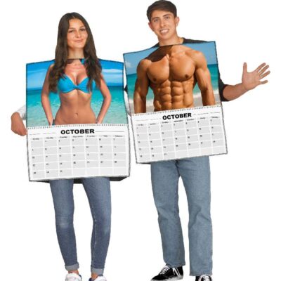 Two adults wearing a Calendar Couple Costume with October calendar tunics featuring turquoise bikini and muscular beach-body photo designs.