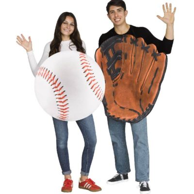 Two adults wearing a Baseball & Glove Couples Costume with an oversized white baseball tunic and a brown baseball glove tunic.