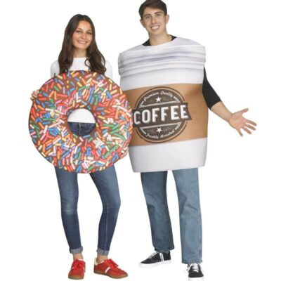 Two adults wearing a Donut & Coffee Couples Costume with a chocolate sprinkle donut tunic and an oversized takeaway coffee cup tunic.