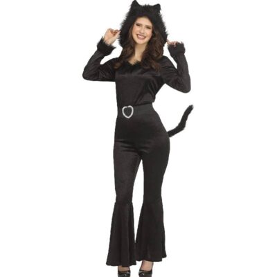 Adult wearing the Pretty Kitty Hooded Jumpsuit Costume with black cat ears, faux-fur cuffs, heart-shaped belt buckle, attached tail, and flared legs.