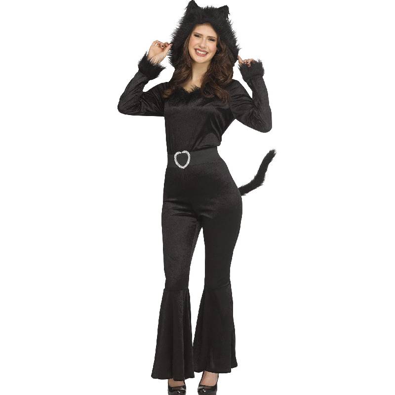 Adult wearing the Pretty Kitty Hooded Jumpsuit Costume with black cat ears, faux-fur cuffs, heart-shaped belt buckle, attached tail, and flared legs.