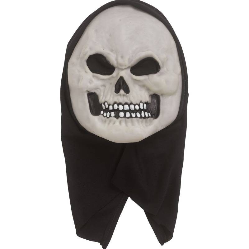 Adult wearing a Hooded Skeleton Costume with a black bone-print top, attached hood, and white skull mask with dark eye sockets.
