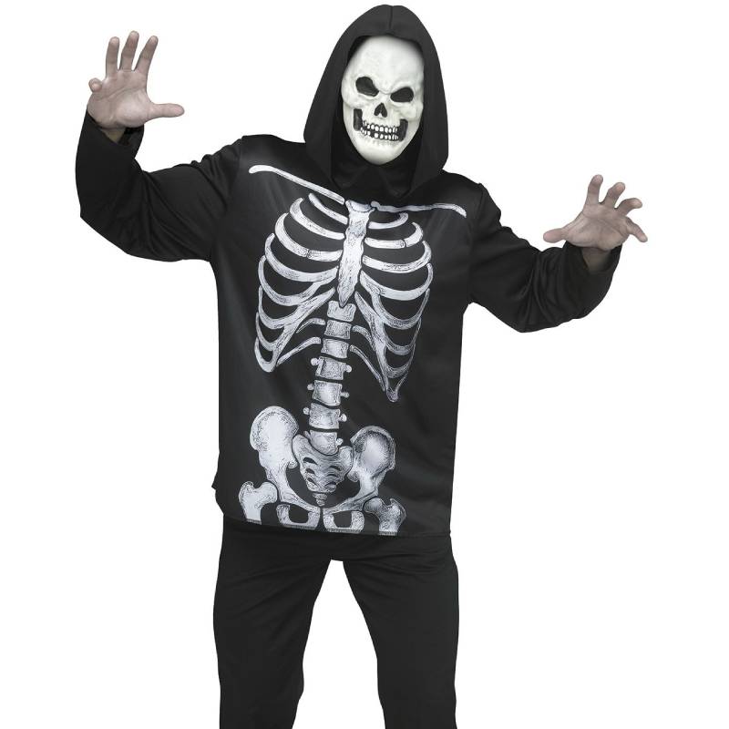 Adult wearing a Hooded Skeleton Costume with a black bone-print top, attached hood, and white skull mask with dark eye sockets.