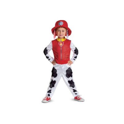 Child wearing the official licensed Paw Patrol™ Marshall Deluxe Costume featuring a printed firefighter jumpsuit and matching Marshall firefighter helmet for Halloween and imaginative dress-up play.
